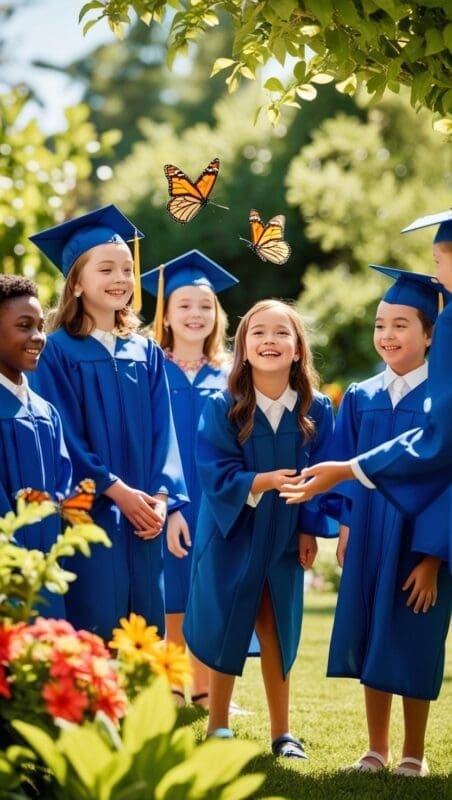 Kindergarten graduates participating in a butterfly release and bubble send-off during their graduation.