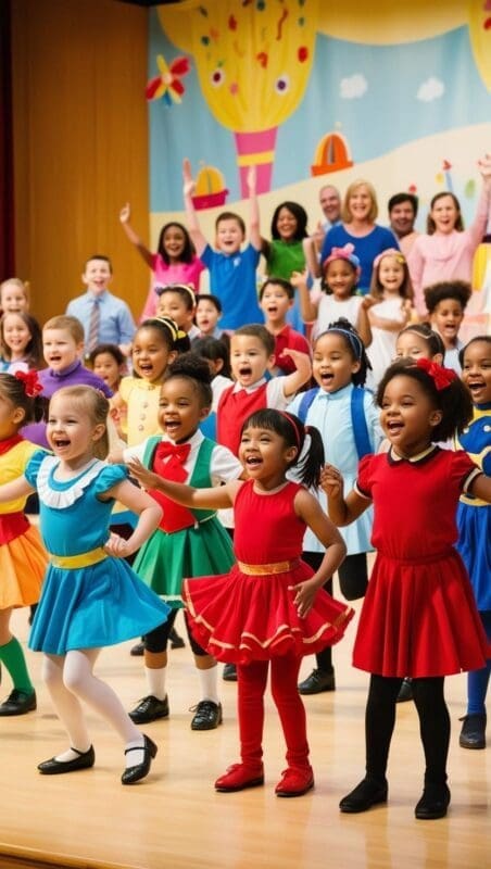Kindergarten class performing a graduation song and dance on stage for parents and teachers.