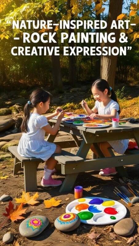 Children painting rocks and nature items with bright colors at a craft table during camp.

