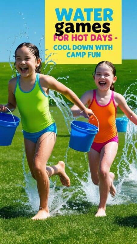 Campers playing water relay games with buckets and sponges during summer camp.