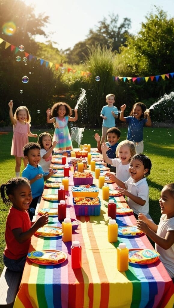 Outdoor picnic featuring rainbow-themed decorations, fruit kabobs, and cupcakes for kindergarten graduation.