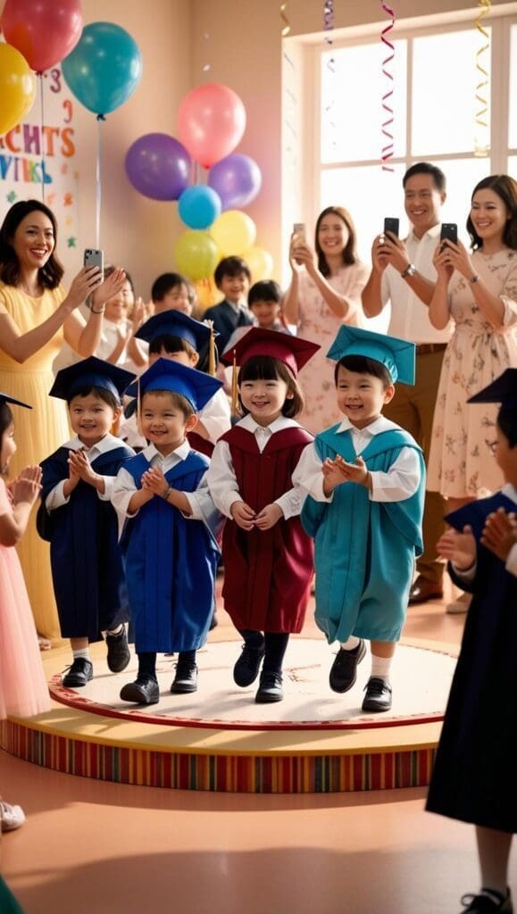 Kindergarten graduates in caps and gowns on a festive stage with balloons and a graduation banner