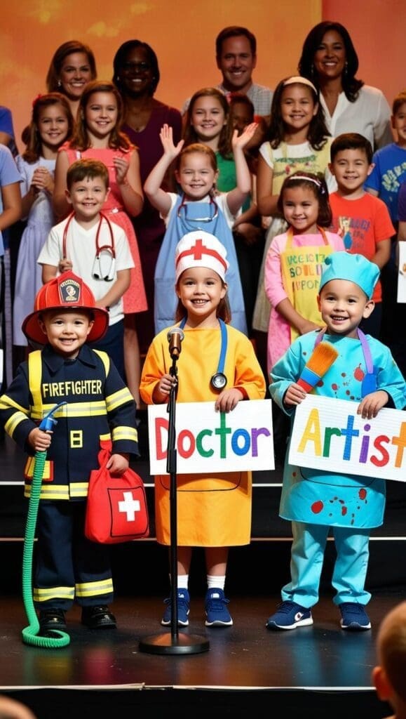 Children in professional costumes presenting their future aspirations on stage during kindergarten graduation.