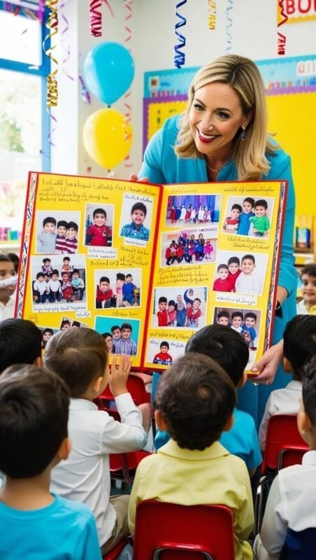 Teacher sharing a goodbye scrapbook with kindergarten students during their graduation ceremony.
