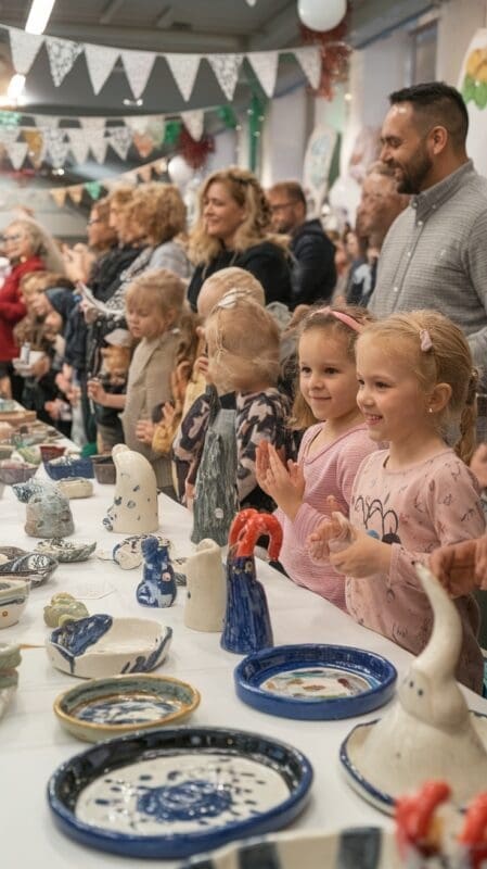 Children and adults at a ceramic show, clapping and admiring ceramic artworks displayed on a table.