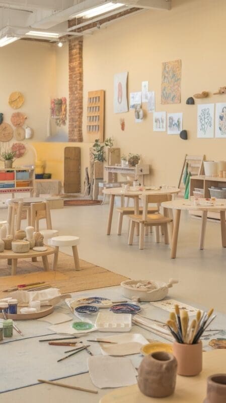 A spacious and organized ceramic workspace with light-colored walls and wooden furniture, featuring various art supplies and plants.