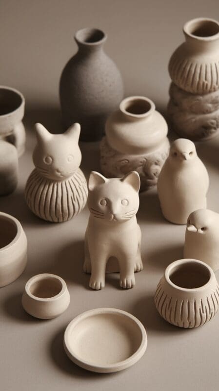 A variety of unpainted ceramic animal figures and pots arranged on a neutral background.