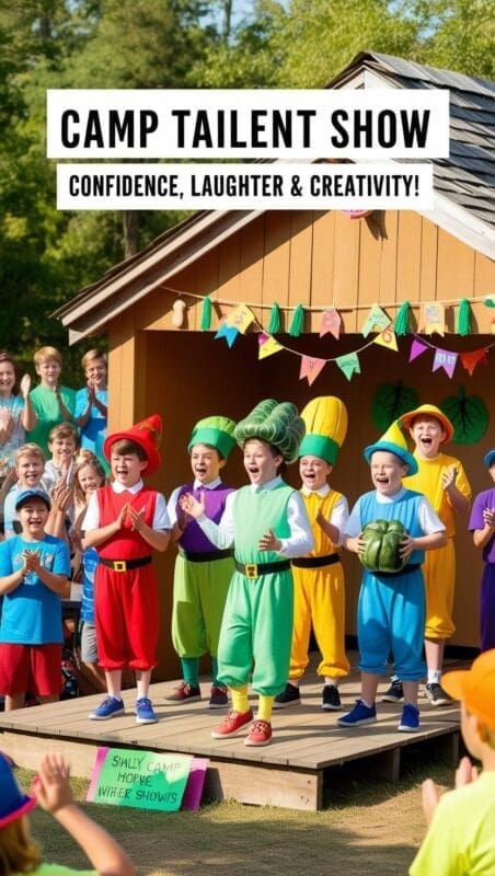Campers acting in a talent show with costumes and skits in a summer camp setting.