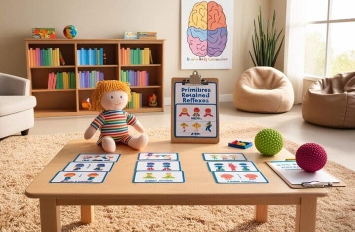 Feature image of a school counselor’s office with educational tools for understanding primitive reflexes, including flashcards, sensory toys, and a child development checklist on a table.