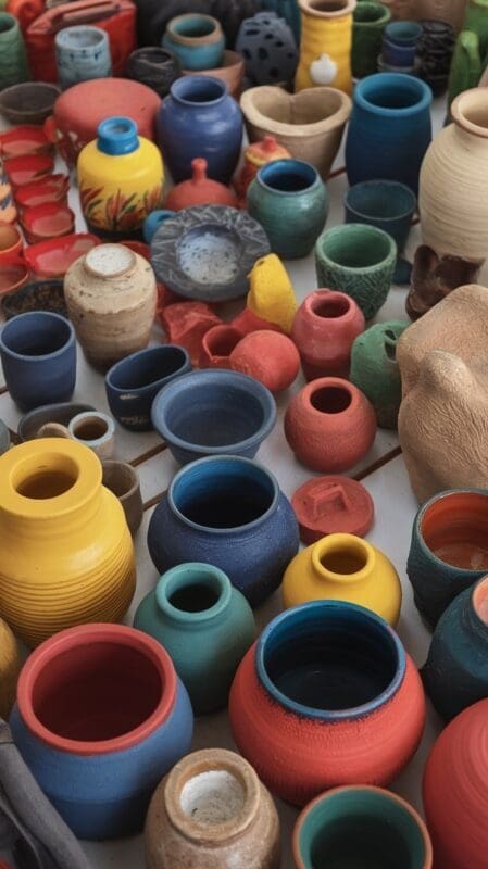 Colorful ceramic pots and shapes in various textures and colors