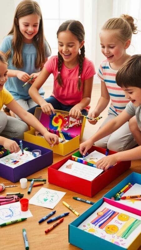 Kindergarten students decorating shoeboxes and adding personal items for their graduation time capsules.