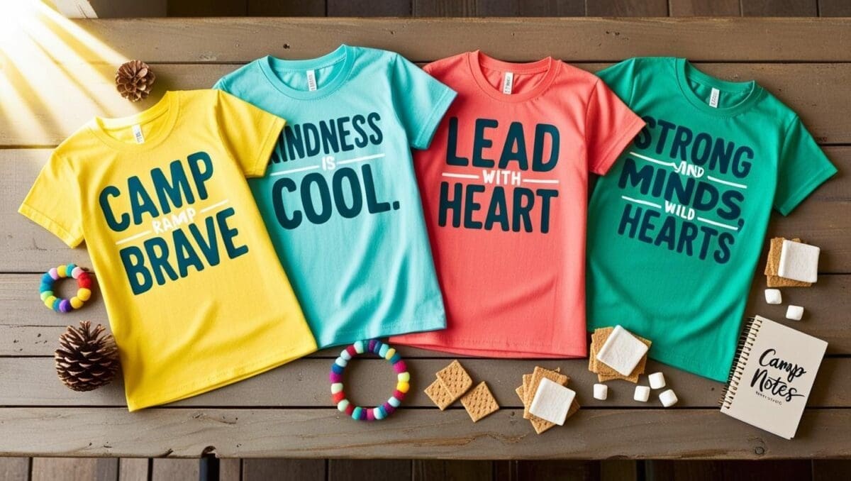Flat lay of colorful summer camp T-shirts with motivational quotes surrounded by camp items like pinecones, friendship bracelets, and journals on a rustic table.