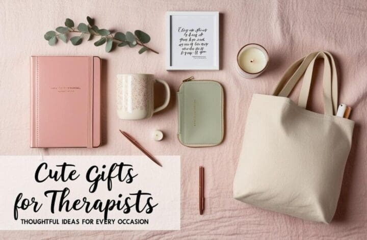Flat lay of cute therapist gift items including a journal, mug, art print, and pouch on a soft neutral background. Styled for Pinterest and gift inspiration.