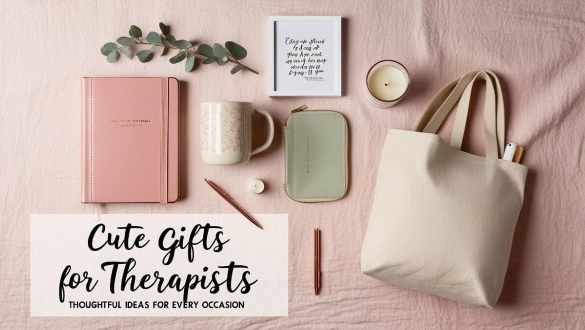 Flat lay of cute therapist gift items including a journal, mug, art print, and pouch on a soft neutral background. Styled for Pinterest and gift inspiration.