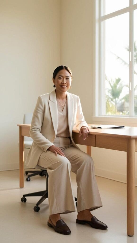 psychologists in a bright office: a white blazer outfit, ooking polished and approachable