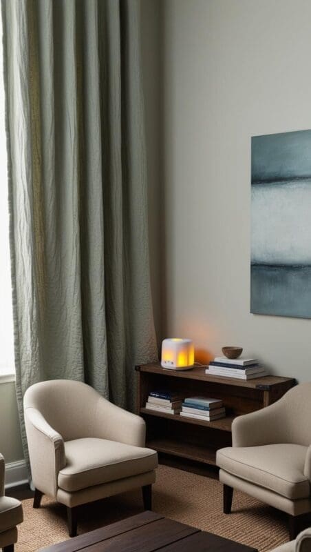 Therapy room setup with white noise machine, linen curtains, and acoustic wall fabrics to create a calm sensory soundscape.