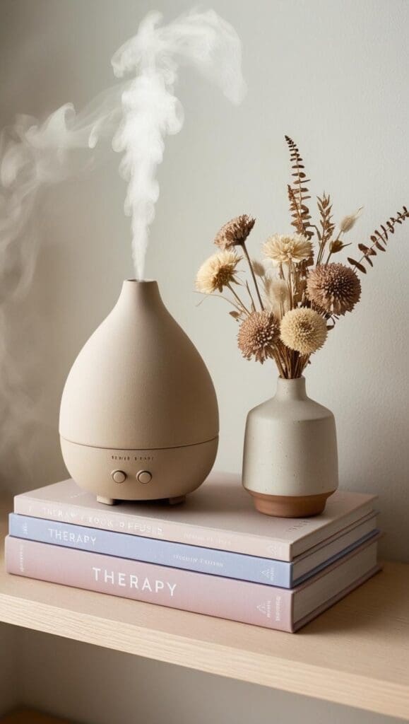 Ceramic essential oil diffuser emitting a gentle mist on a wooden side table in a therapy office