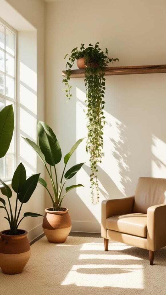 Pothos and snake plant in neutral planters adding greenery to a bright therapy room