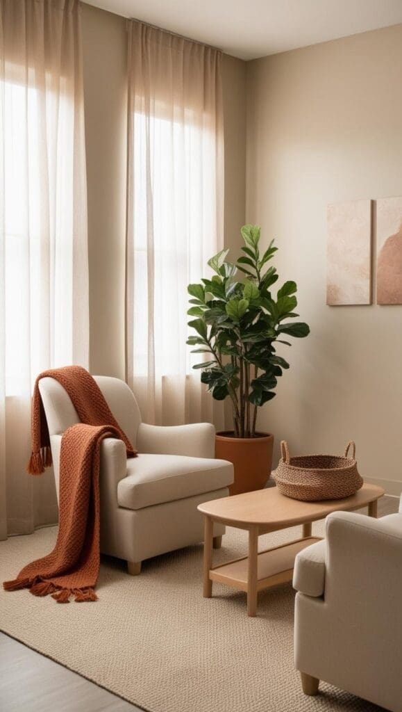 Bright therapy office bathed in natural light, with a wooden desk, neutral walls, and potted greenery for a calm vibe