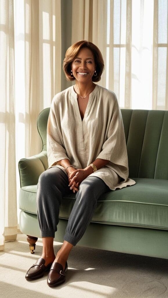 Therapist seated on a velvet sofa in a linen tunic and jogger-style trousers, wearing leather loafers in a bright office.