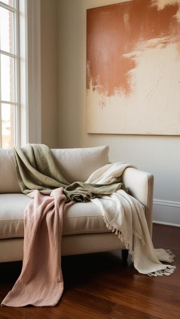 Paint swatches and fabric samples in earthy neutrals like beige, sage green and dusty rose against a white wall