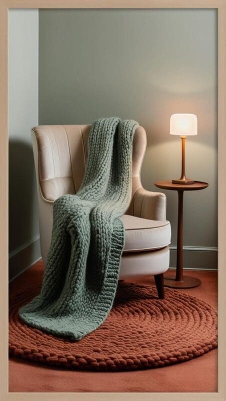 Tactile therapy room corner with velvet chair, weighted blankets, textured wall panels, and earthy muted tones promoting sensory comfort.