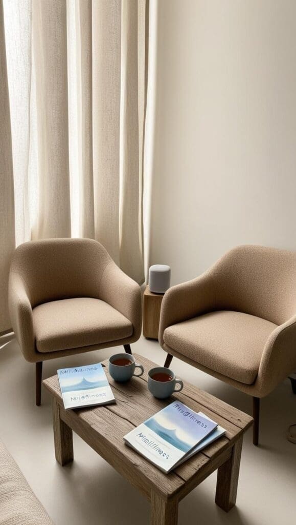 Living‑room style waiting area with soft armchairs, throw pillows, small coffee table and a potted plant
