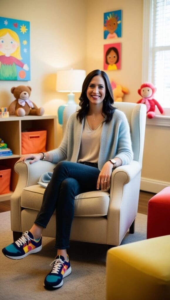 Youth psychologist in dark denim, cardigan and pastel sneakers sitting in a armchair
