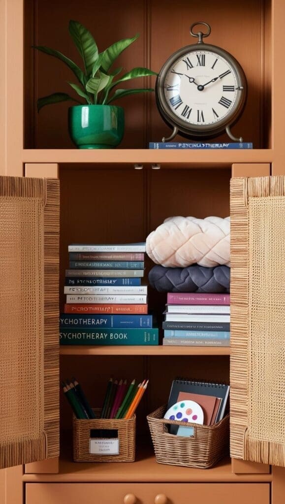 Woven baskets and closed cabinetry storing therapy supplies in a minimalist office