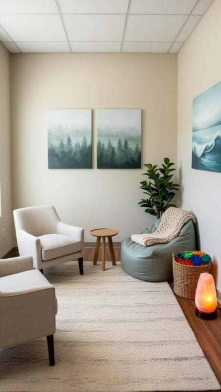 Therapy office with traditional seating blended with a cozy sensory corner featuring a bean bag, weighted tools, soft textures, natural light, and calming decor.