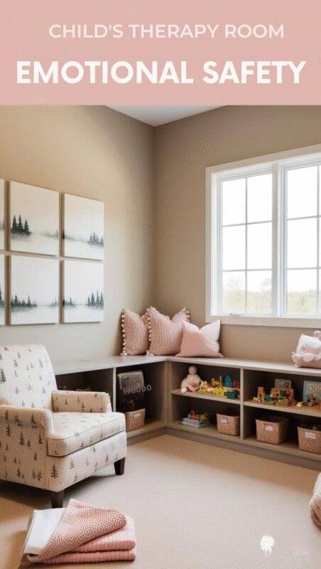 Minimalist child therapy room with muted colors, open shelving, and a cozy reading corner designed for emotional safety.