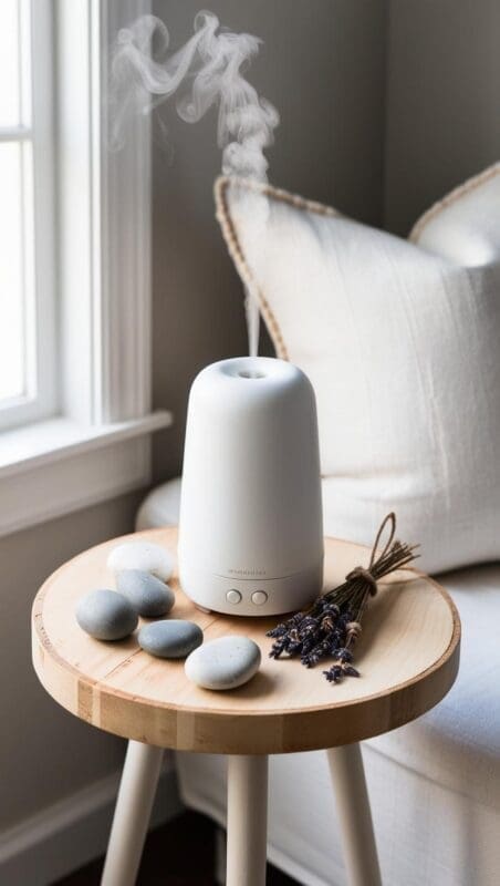 Essential oil diffuser setup on wooden table with lavender and natural decor, promoting calming sensory experiences in therapy rooms.