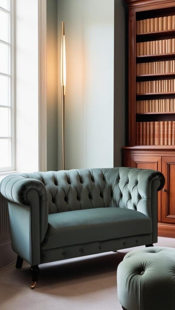 Mid‑century modern wooden sofa with tapered legs, neutral upholstery, and a simple side table in a therapy room
