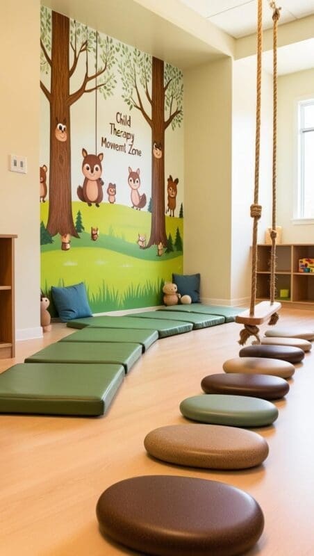 Nature-inspired child therapy room with green play mats, a sensory swing, and textured stepping stones for active play.