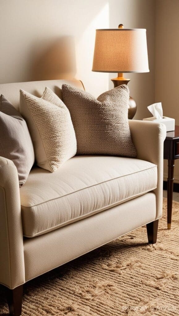 Therapist’s sofa vignette with a small potted plant, stack of books, and a soft area rug in front