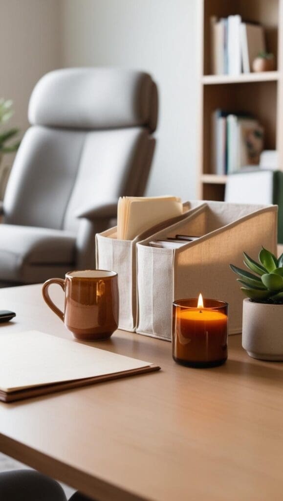 Therapist’s desk styled with warm desk lamp, small potted plant, and linen organizers for a serene setting