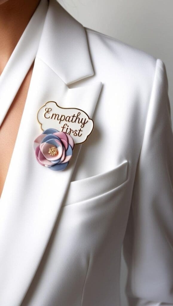 Enamel pin ‘Empathy First’ on a white blazer lapel, geometric flower.