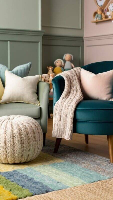 Natural textures and soft muted colors like sage and rose used in a child therapy room to promote calm and comfort.