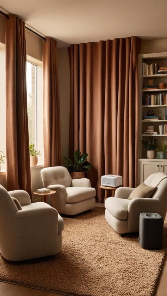 Brown fabric acoustic curtains mounted on therapy room walls behind a comfortable chair to reduce echo