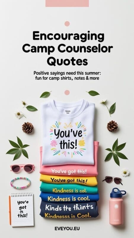 Pinterest pin showing encouraging camp counselor quotes for kids, flat-lay of camp shirts with quotes, summer accessories, and bright, happy camp elements.