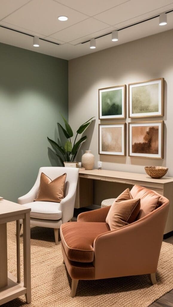 Soft sage green accent wall in a counseling office with minimalist abstract art and matching throw pillows