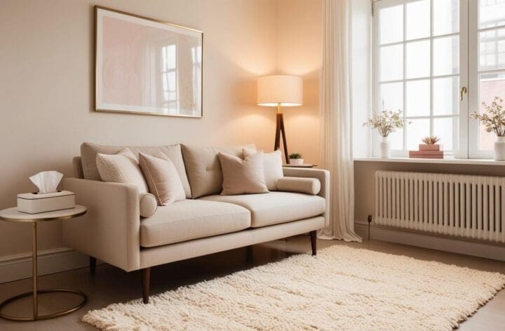 Therapy office with a plush two‑seater sofa, soft throw pillows, and muted wall art in a bright, calming space