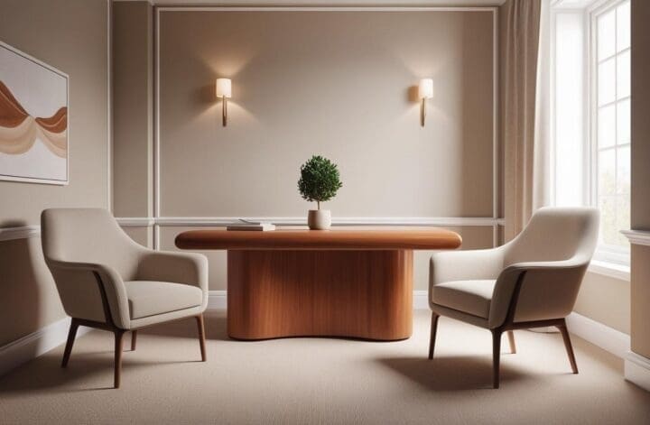 Therapy office bathed in natural light, featuring a wooden desk, ergonomic chair, and potted greenery