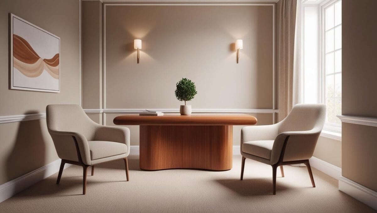 Therapy office bathed in natural light, featuring a wooden desk, ergonomic chair, and potted greenery
