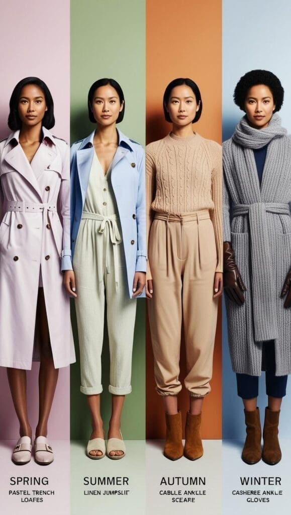 Four therapists in seasonal outfits: pastel trench and loafers, linen jumpsuit and sandals, cable-knit sweater and boots, wool coat and scarf