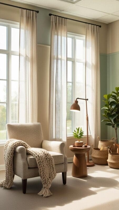 Full view of a sensory-friendly therapy office with natural light, soft textiles, calming neutral tones, and gentle sensory elements.