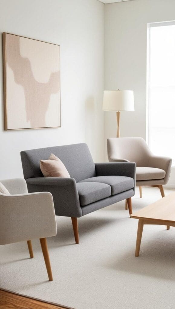 Mid‑century modern wooden sofa with tapered legs, neutral upholstery, and a simple side table in a therapy room