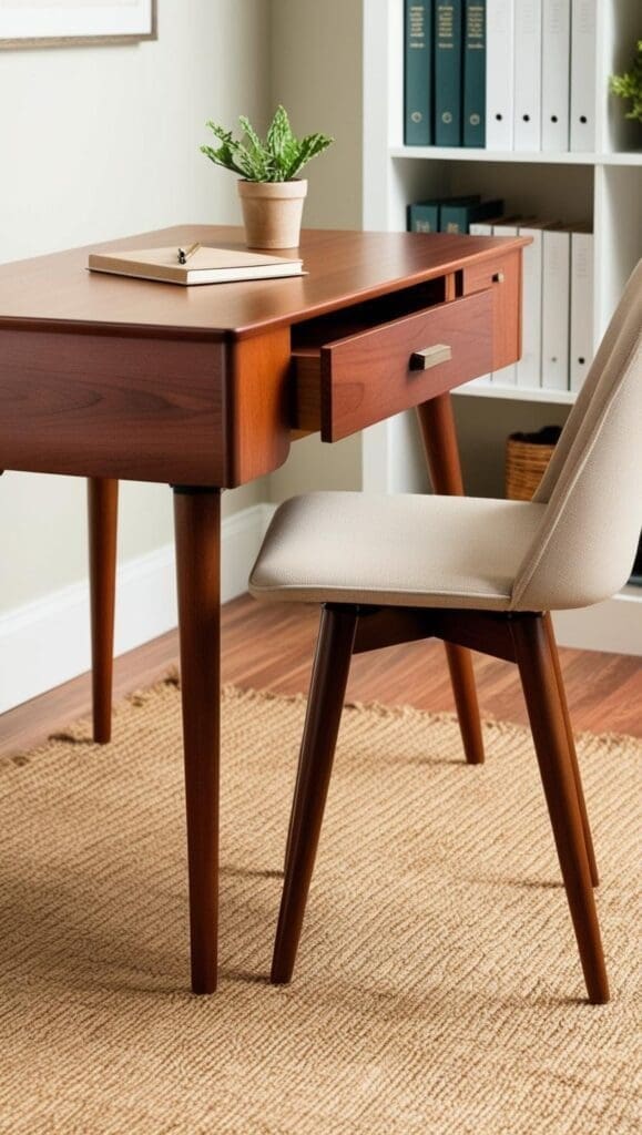 Mid‑century minimalist wood desk with tapered legs and single drawer in a bright therapy office