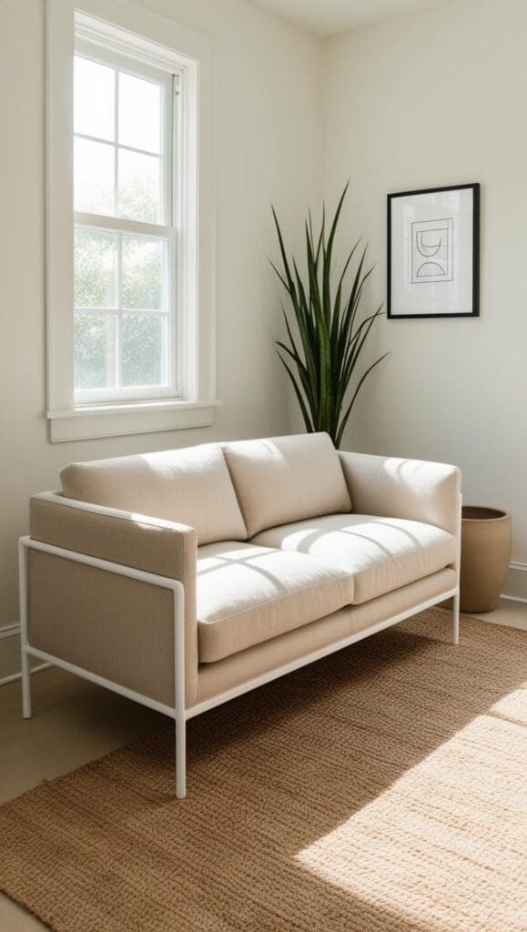 Sleek, low‑profile gray fabric sofa with slim metal legs in a minimalist therapy space