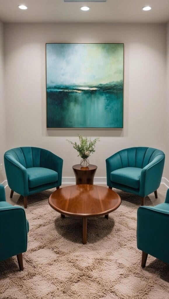 Ergonomic therapist’s desk beside a cozy upholstered loveseat in an airy, clutter‑free office layout